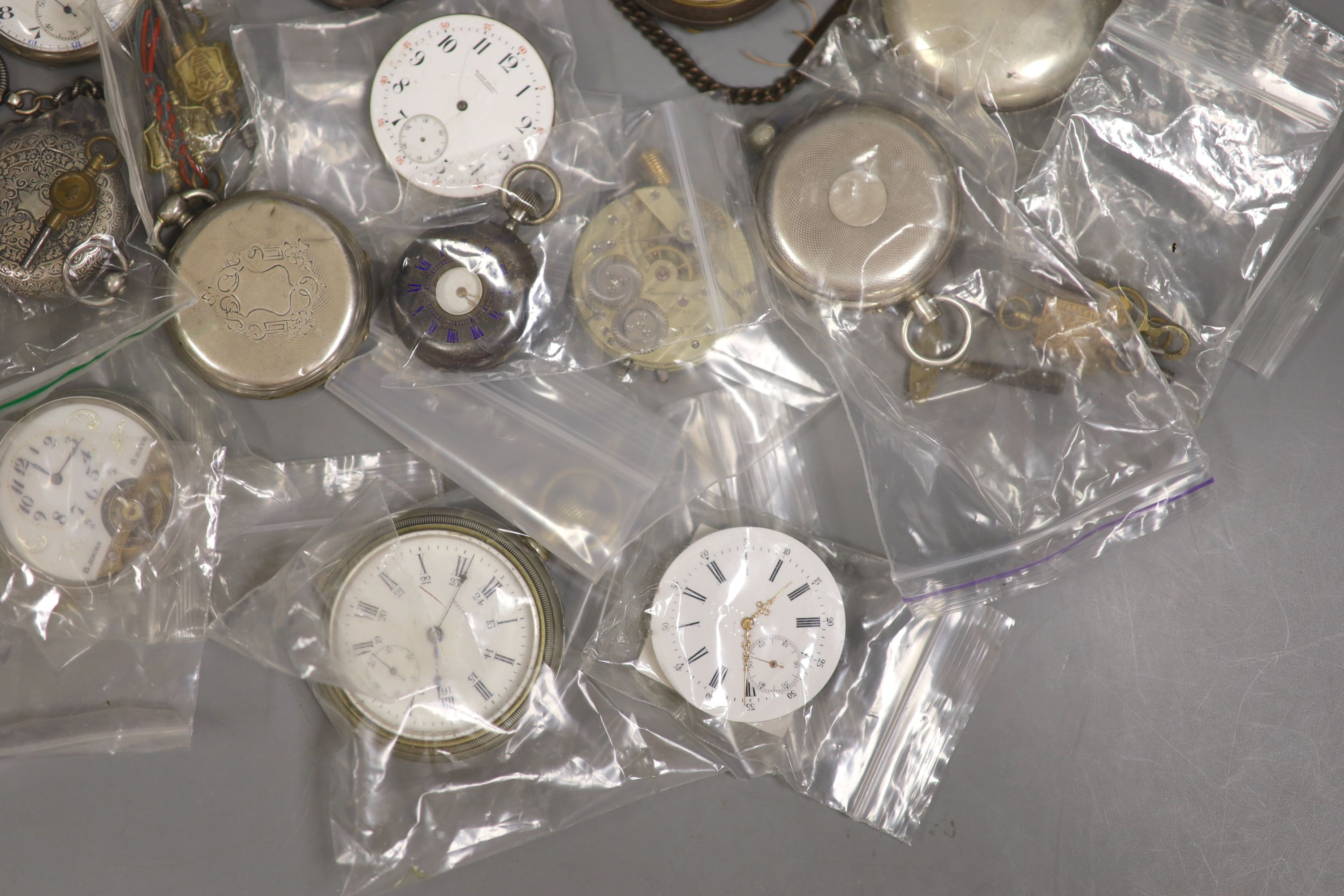 A quantity of pocket watches, movements etc. including three Hebdomas, one 800 standard, a Zenith, Longines, mostly a.f.